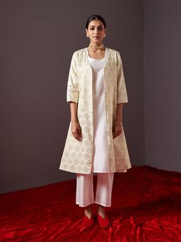 Abhishti - Pearl White Banarasi Zari Jacket With Straight Kurta (Set of 2)