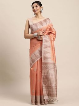 Odette - Womens Silk Blend Peach Printed Designer Saree with Unstitched Blouse