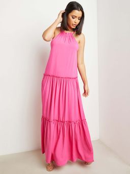Styli - Pink Racer Neck Sleeveless Tiered Maxi Dress