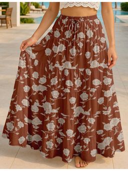 Moomaya - Women Rust Cotton Floral Skirt