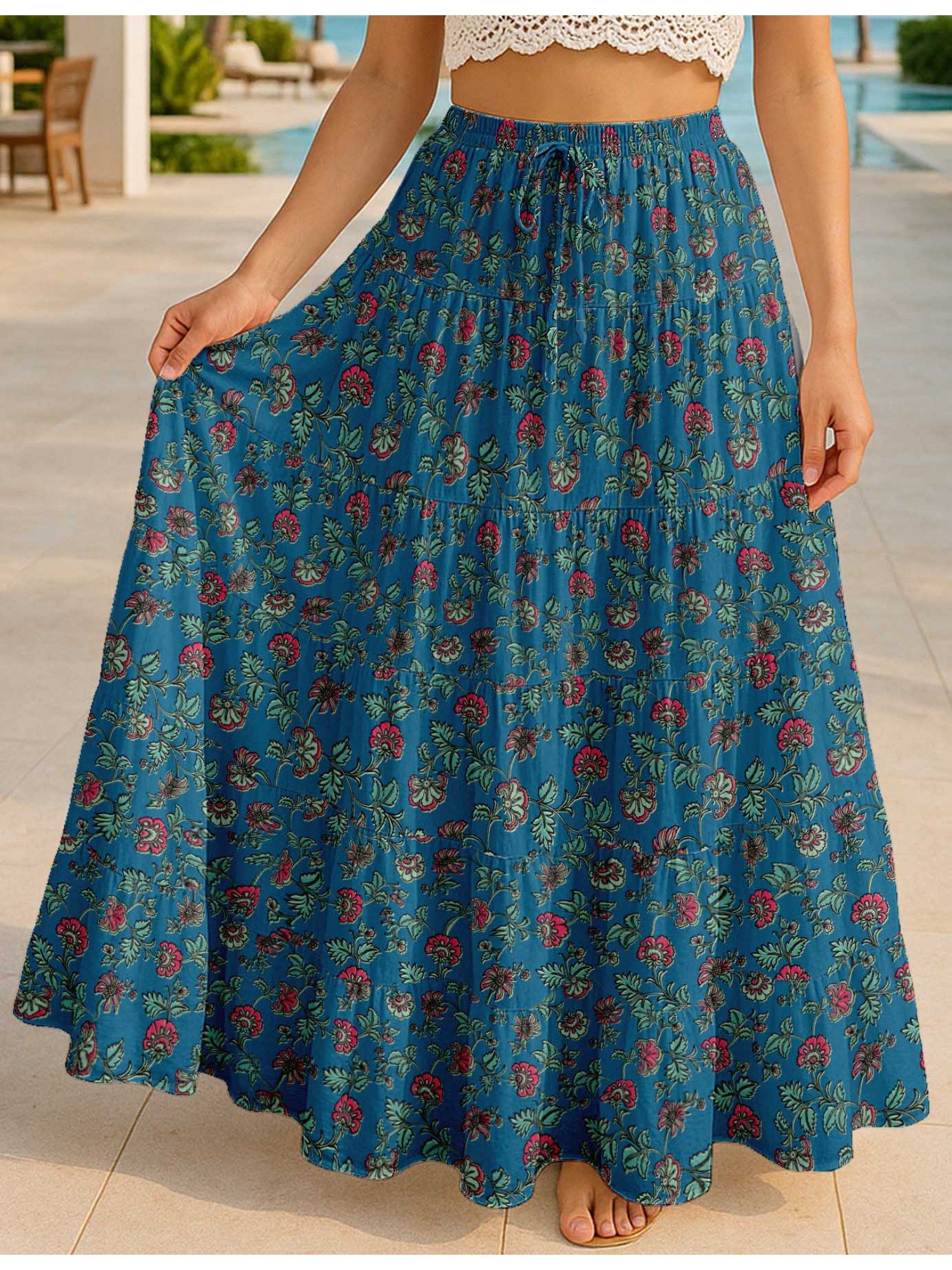 moomaya Women Blue Cotton Floral Skirt-picture-13