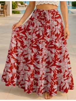 Moomaya - Women Red Cotton Floral Skirt