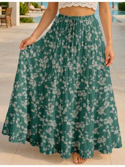 Moomaya - Women Teal Cotton Floral Skirt