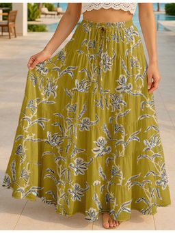 Moomaya - Women Mustard Cotton Floral Skirt