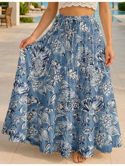 Moomaya - Women Blue Cotton Floral Skirt