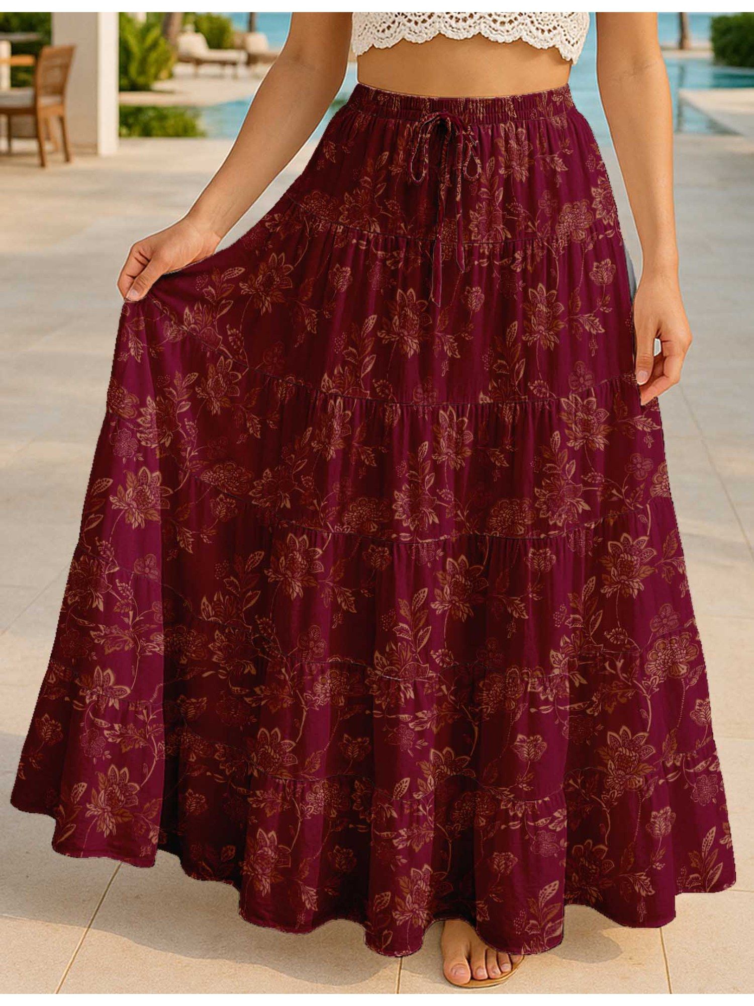 moomaya Women Burgundy Cotton Floral Skirt-picture-18