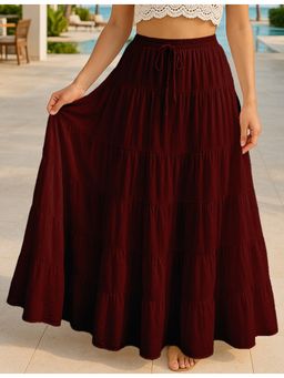 Moomaya - Women Maroon Cotton Solid/Plain Skirt