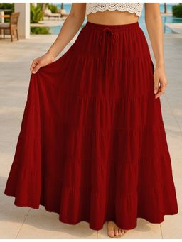 Moomaya - Women Red Cotton Solid/Plain Skirt
