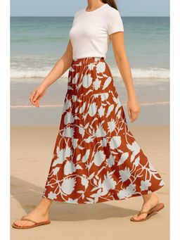 Moomaya - Women Rust Viscose Rayon Floral Skirt
