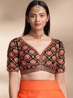 FLAHER - Georgette Sweetheart Half Sleeves Black Stitched Blouse
