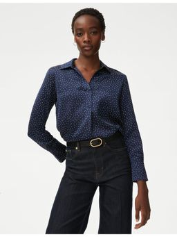 Marks & Spencer - Navy Blue Polka Dot Collared Popover Blouse
