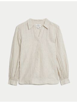 Marks & Spencer - Beige Pure Linen Striped V-Neck Popover Blouse