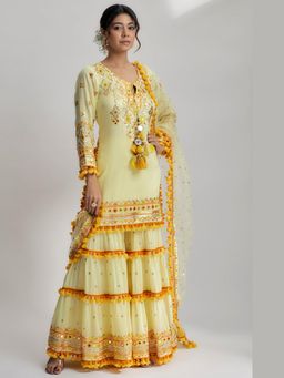Gopi Vaid - Yellow Maahika Layered Kurta with Sharara and Dupatta