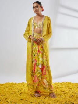 Gopi Vaid - Yellow Saisha Drape Skirt with Blouse and Jacket