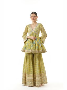 Gopi Vaid - Yellow Shveni Peplum Kurta with Sharara and Dupatta
