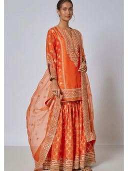 Gopi Vaid - Orange Marigold Brocade Short Kurta Garara and Dupatta