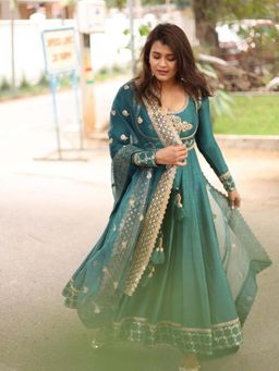 Gopi Vaid - Green Brocade Anarkali with Churidar and Dupatta