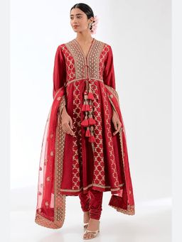 Gopi Vaid - Red Marigold Brocade Anarkali with Churidar and Dupatta