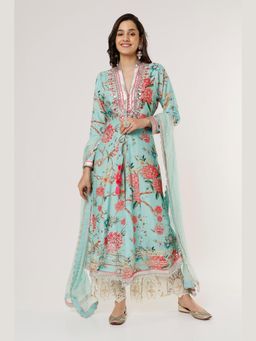Gopi Vaid - Blue Kawal Jacket Style Tunic with Palazzo and Dupatta