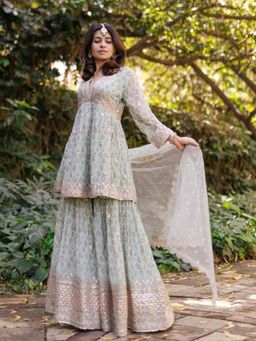 Gopi Vaid - Green Nusrat Peplum Kurta with Sharara and Dupatta