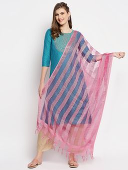 Dupatta Bazaar - Womens Rani Pink Striped Organza Dupatta