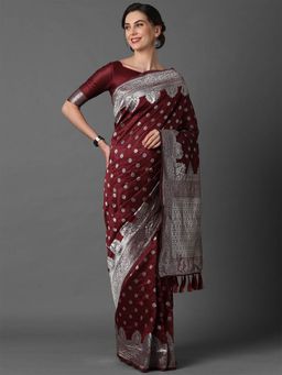 Odette - Maroon Festive Silk Blend Woven Design Saree with Unstitched Blouse