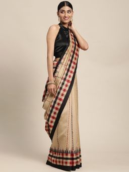 Akhilam - Womens Bhagalpuri Silk Beige Printed Designer Saree with Unstitched Blouse