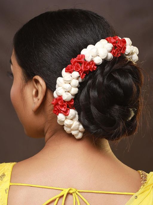 Aatmana Red Rose & White Mogra Artificial Flower Gajra Floral Hair Bun Accessory