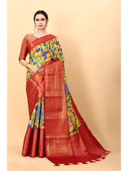 Yavira Silk - Yellow & Red Floral Print Kalamkari Pure Silk Saree with Unstitched Blouse
