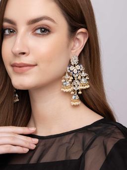 Indya - Gold Blue Enamel Multi Pearl Drop Dangler Earrings