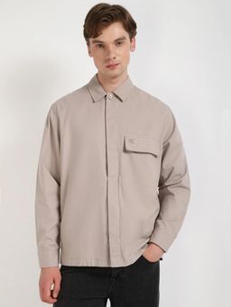 Calvin Klein - Beige Solid Relaxed Fit Cotton Shirt