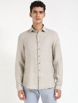 Calvin Klein - Beige Textured Slim Fit Cotton Shirt