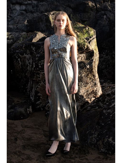 knee length dresses for ladies Pleated Lame Maxi Dress with Gold Chain Belt – Noir Noir Fashion main image 1