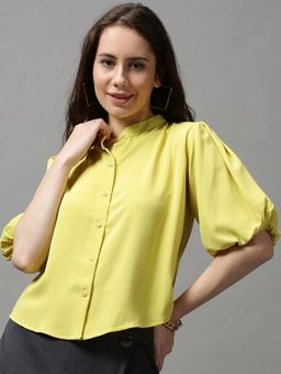 SHOWOFF - Women's Puff Sleeves Solid Yellow Blouson Top