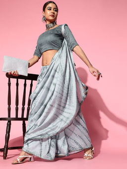 Sareemall - Womens Silk Blend Grey Embellished Designer Saree with Unstitched Blouse