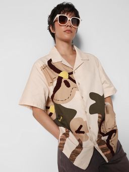 ONLY - Women's Printed Regular Fit Beige Shirt