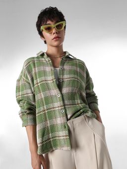 ONLY - Women's Checked Regular Fit Green Shirt