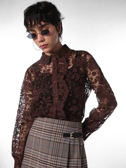 ONLY - Women's Floral Self Design Regular Fit Brown Shirt