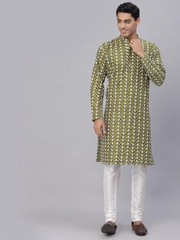 NEUDIS - Men Green Dupion Silk Chikankari Straight Kurta