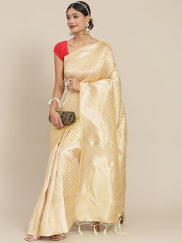 ISHIN - Womens Silk Cotton Off White Woven Design Saree with Unstitched Blouse