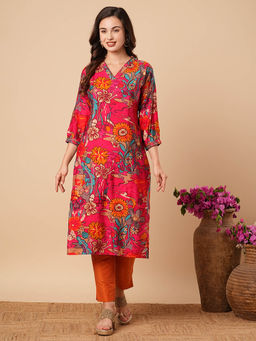 FASHOR - Red Straight Floral Printed V-Neck Kurta