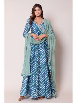 Zari Jaipur - Cotton Silk Dark Blue Embroidery Angarkha Kurta with Dupatta (Set of 2)