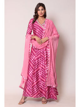 Zari Jaipur - Cotton Silk Dark Pink Embroidery Angarkha Kurta with Dupatta (Set of 2)