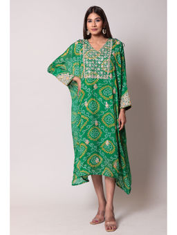 Zari Jaipur - Dark Green Georgette Embroidery Kaftan Dress