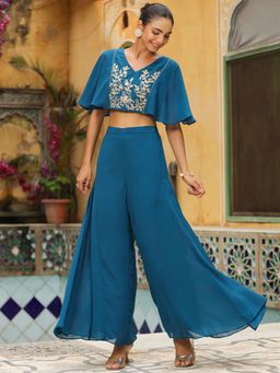 Janasya - Women's Teal Blue Georgette Yoke Embroidered Top with Palazzo (Set of 2)