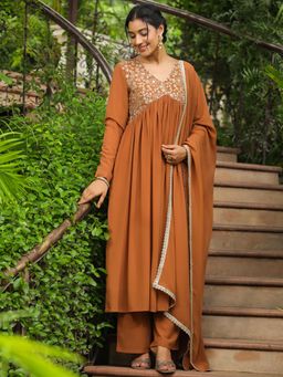 Janasya - Women's Brown Yoke Embroidered A-Line Kurta with Pant and Dupatta (Set of 3)