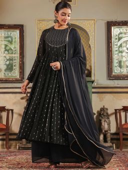 Janasya - Women's Black Georgette Printed Anarkali Kurta with Pant and Dupatta (Set of 3)