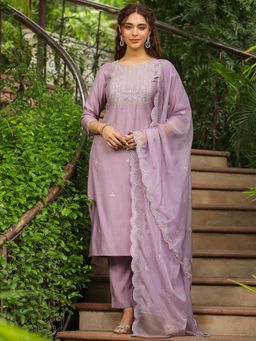 Janasya - Women's Lavender Embroidered Straight Kurta with Pant and Dupaata (Set of 3)