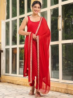 Janasya - Women's Red Rayon Foil Printed Straight Kurta with Pant and Dupatta (Set of 3)