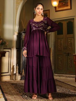 Janasya - Women's Purple Georgette Sequined Front Slit Peplum Sharara with Tunic (Set of 2)